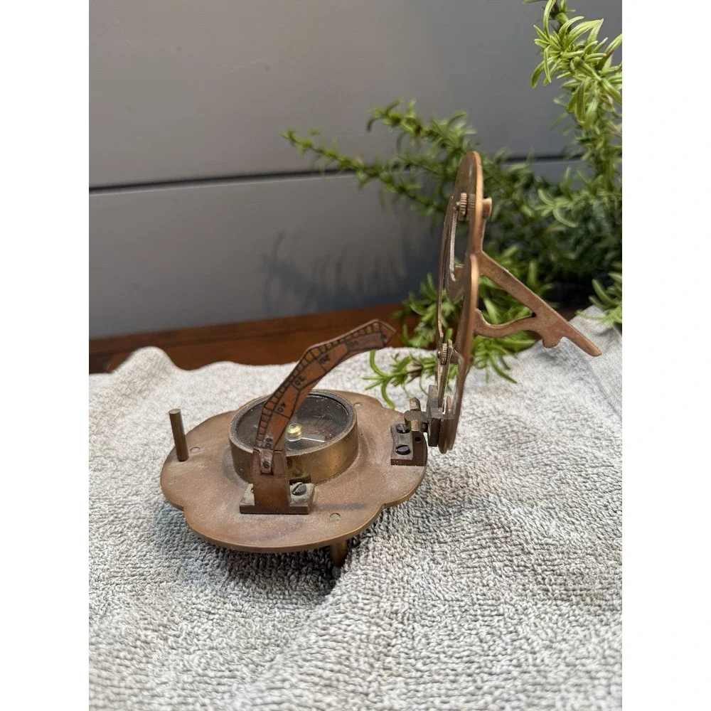 Large Antique Nautical Brass Copper Sundial Compass W/ Rosewood Inlay Box